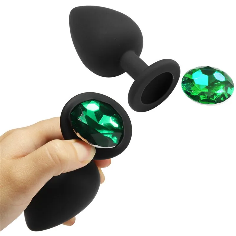 Анальна пробка чорний силікон S, зелений камінь