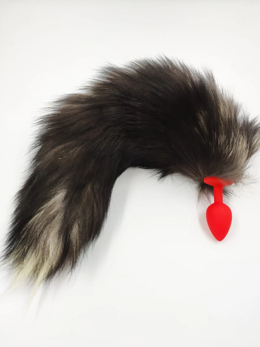 Хвост длинный серый S ,силикон красный