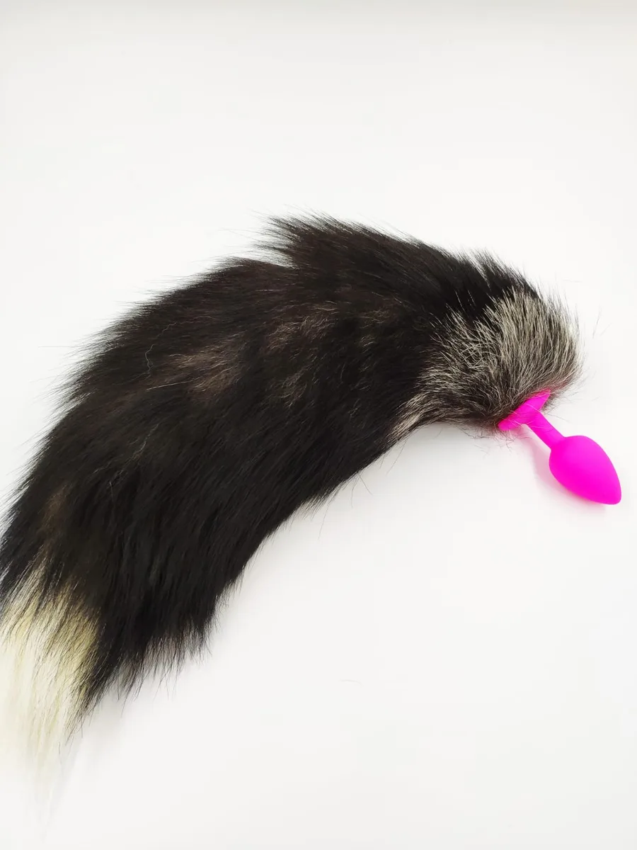 Хвост длинный серый S ,силикон розовый