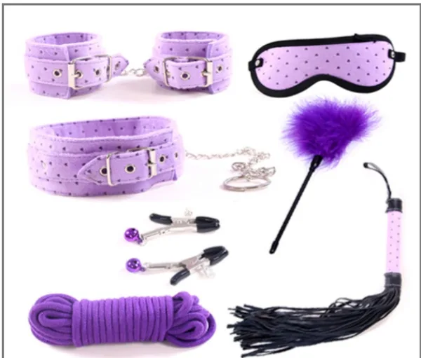 БДСМ фіолетовий з сердечками (маска, батога, пушок, мотузка, наручники, нашийник, затискачі) ТС-7013