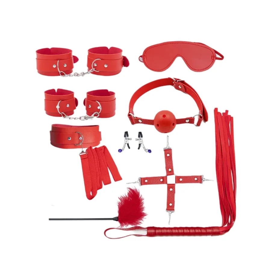 Набор БДСМ красный(оковы,пножи,кляп,плеть,крестец,зажимы,маска,пушок,ошейник,поводок) ТС-9002