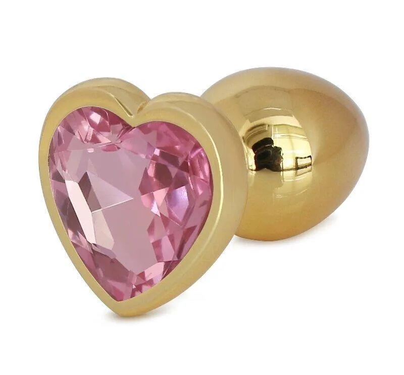 Анальна пробка сердце метал  золото «Світло рожевий»    S