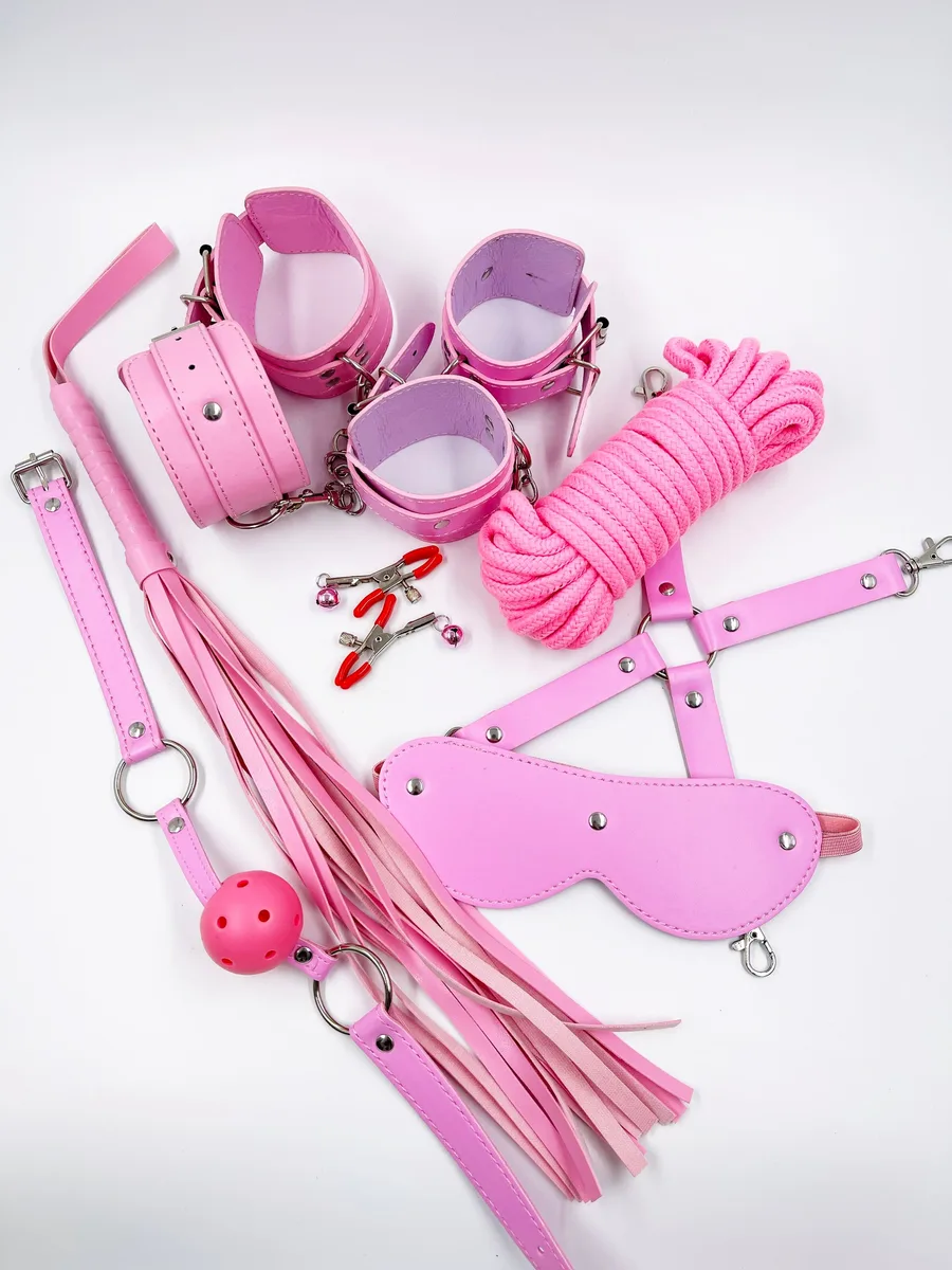 Набір БДСМ рожевий (окови, пніжі, кляп, батіг, криж, затискачі, маска, мотузка)